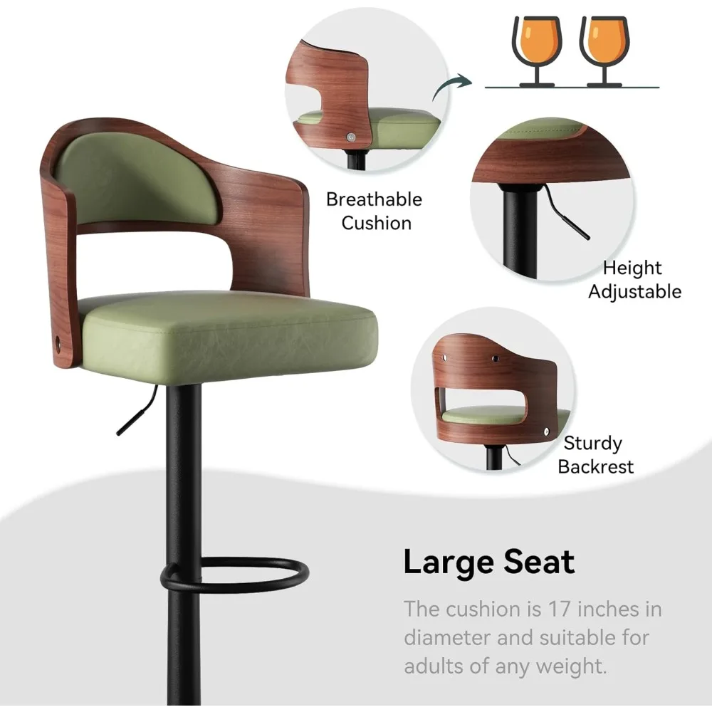 Swivel Bar Stools Set of 4 Seat Adjustable Height 24.5-33.5IN, Wooden Barstools PU Leather Upholstered Bar Chairs with Back & Fo