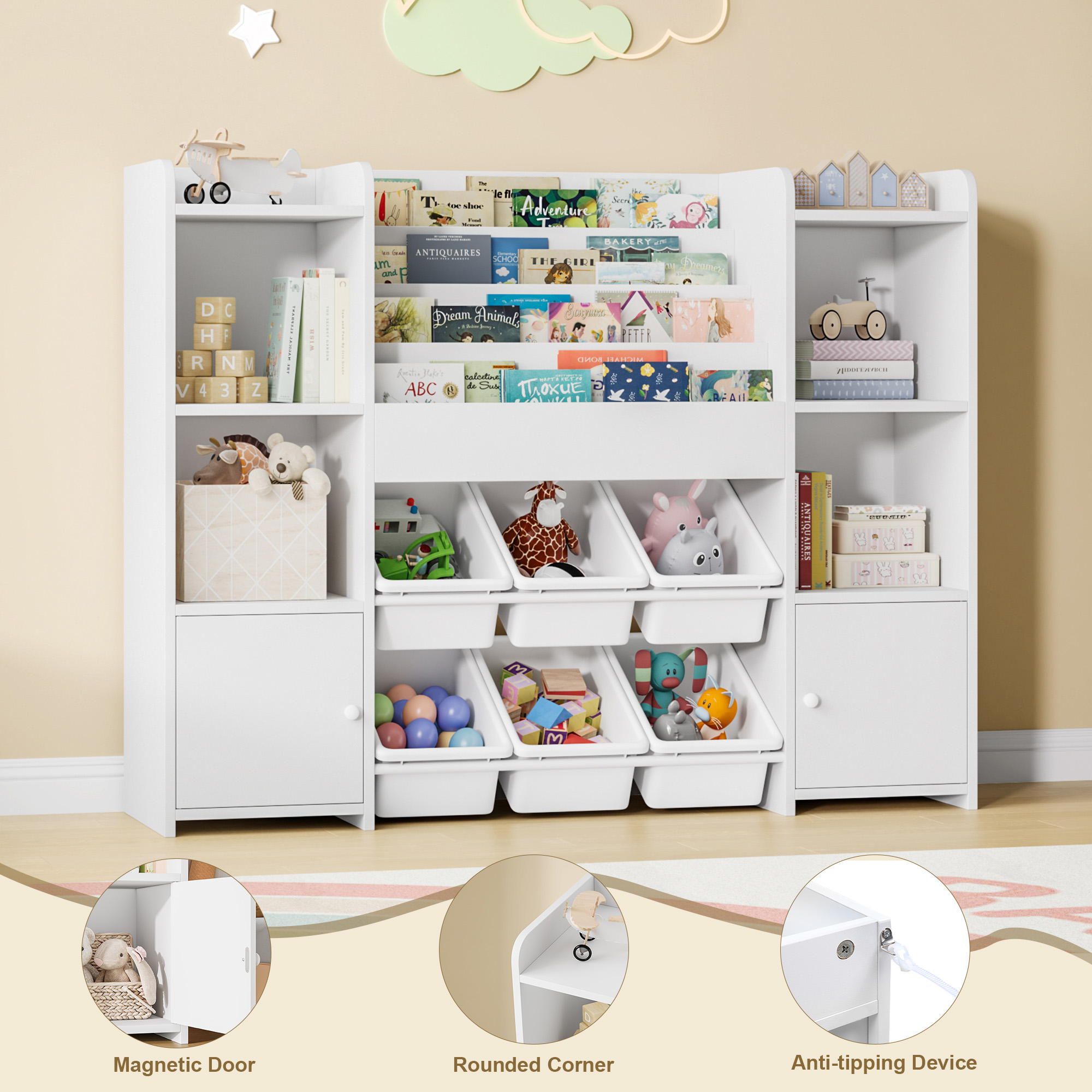 Getone prateleira infantil móveis de quarto infantil brinquedos estante de peito guarda-roupa infantil com 6 boxe 4 estantes 8 prateleiras 119x29,5x94cm