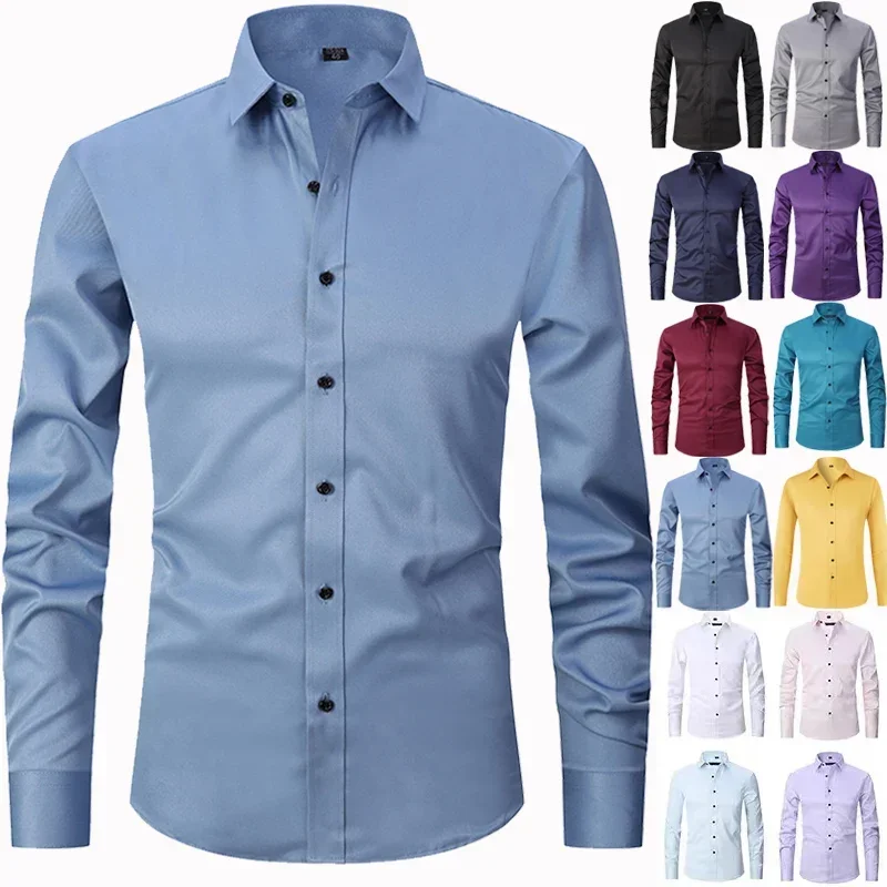 Camicia a maniche lunghe da uomo, elastica, non stirante, resistente alle rughe, minimalista, business casual, setosa e camicia bianca senza tracce