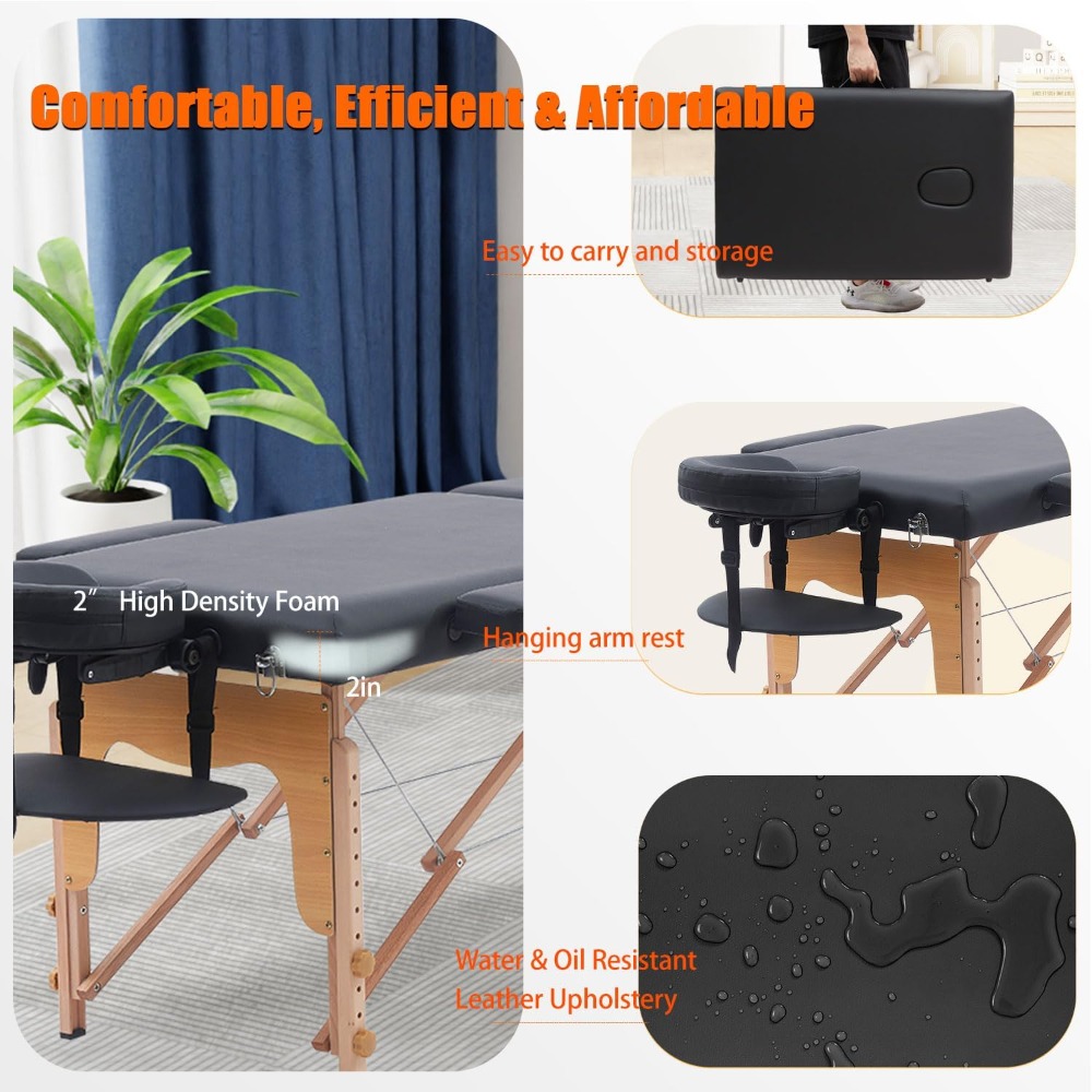 Portable Massage Bed with Neck Stretcher, 84 inch Folding Massage Table for Eyelash Extensions & Beauty Tattoo (Black)