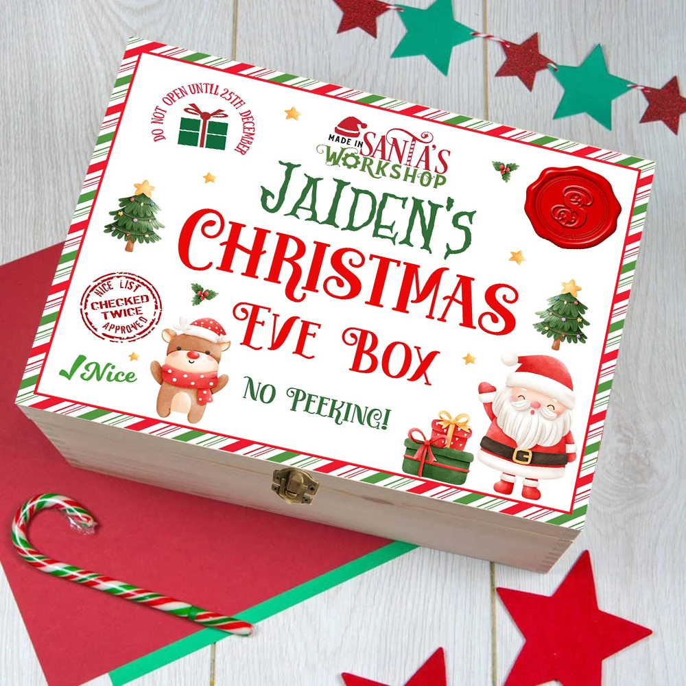 Caixa de véspera de natal personalizada meninos meninas nome personalizado caixas de lembrança de natal caso de férias de madeira crianças presente de natal para criança