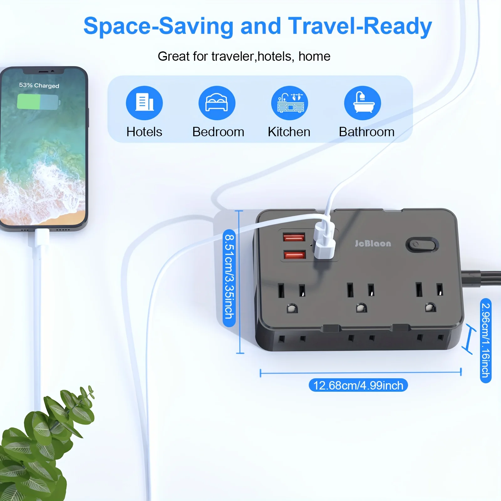 Protetor contra surtos plugue americano plano ultrafino com 6 tomadas amplamente 4 portas USB, cabo extensor de 5 pés, adaptador de faixa de energia para escritório doméstico