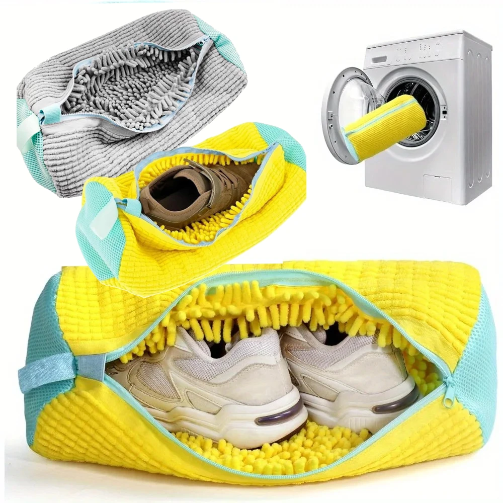 Bolsa durável para máquina de lavar sapatos, 1 peça, para todos os tipos de sapatos, amarelo/cinza com zíper para tênis e sapatos casuais, bolsa de lavagem de lavanderia