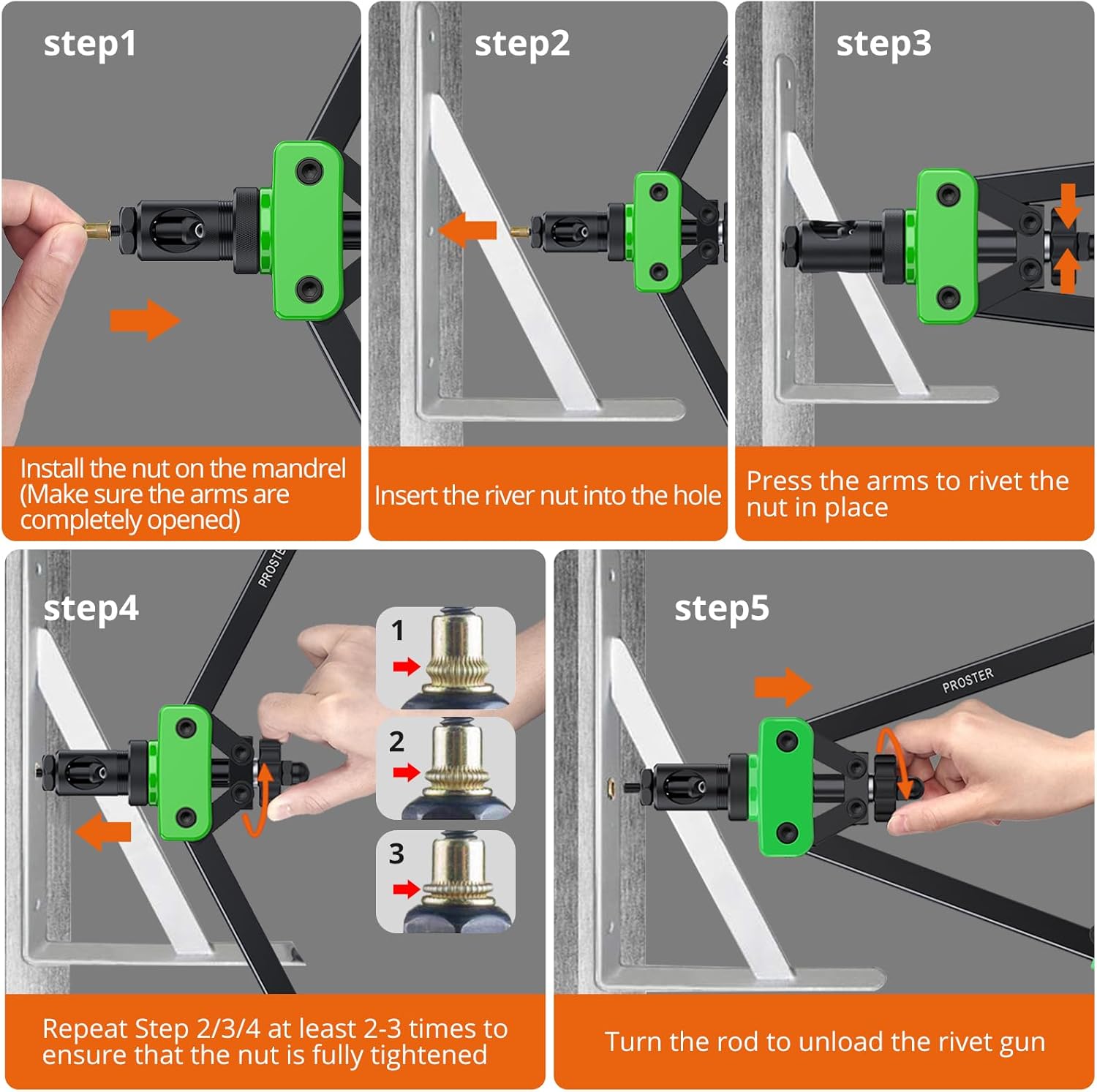 Proster 14" Riveteuse Pince à Rivets Professionnelle Pistolet à Écrous Robuste Sertir Kit Klinknagels met 6 Mandrins