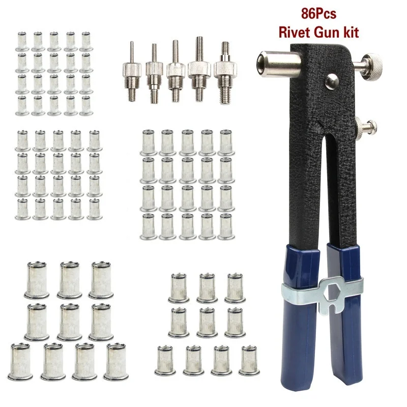 86Pcs Blind Rivet Gun Heavy Duty Nut ใส่ Hand Riveting Kit M3-M8 Rivet Nuts เล็บปืนในครัวเรือนซ่อมเครื่องมือ