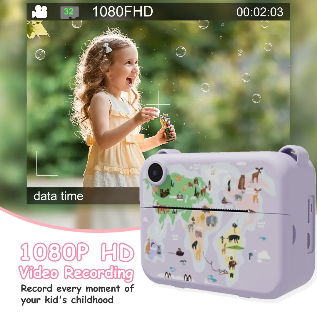 เด็กดิจิตอลกล้องถ่ายภาพ 32GTF Instant พิมพ์ภาพเด็กเครื่องบันทึกวิดีโอ Mini เครื่องพิมพ์ความร้อนการศึกษาของขวัญวันเกิด