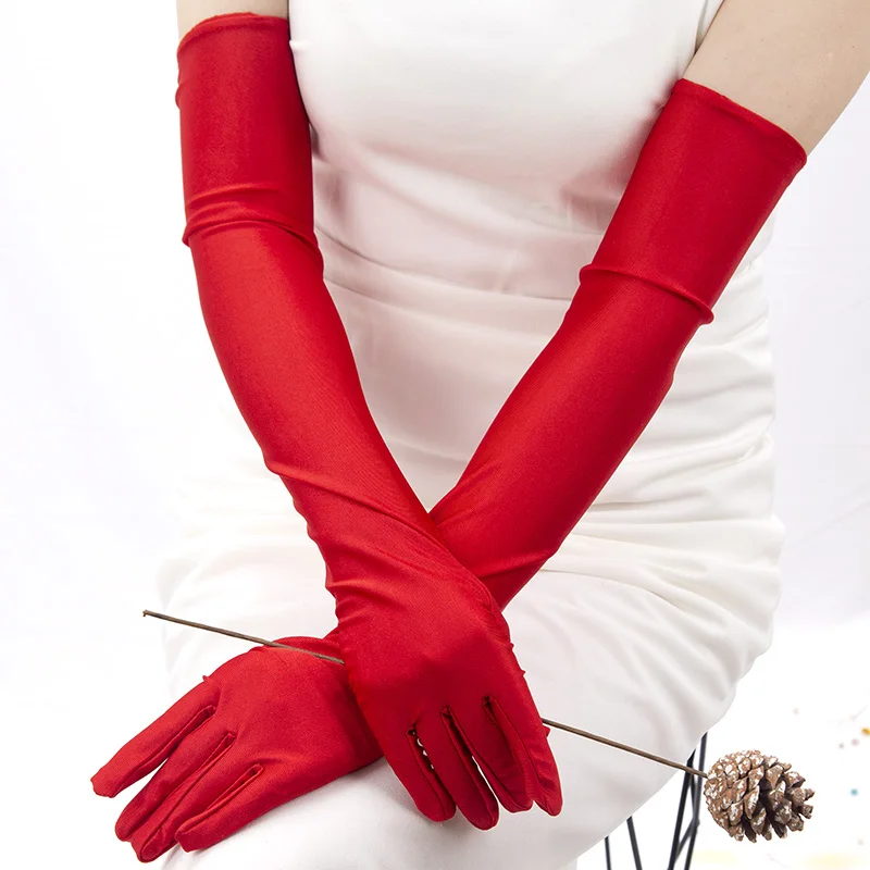 Classique femmes adulte noir blanc rouge gris opéra/coude extensible Satin doigt longs gants femmes clapet gants correspondant Costume