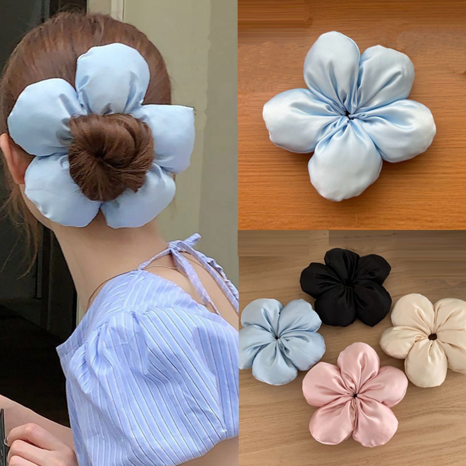 1 große Satin-Blumen-Haargummis, schicke Blüten-förmige Haargummis, mehrere Farben für stilvolle Hochsteckfrisuren für Damen