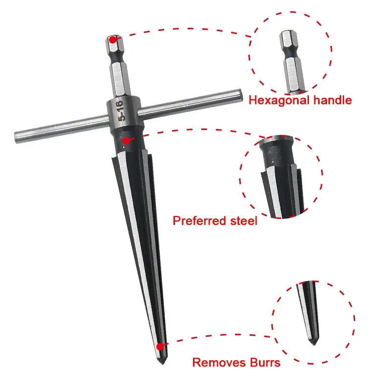 Woodwork Taper Reamer 3-13/5-16mm Wooden Board Electric Drill Hole Expanding Chamfer and Deburring Hexagonal Handle Cut Tool