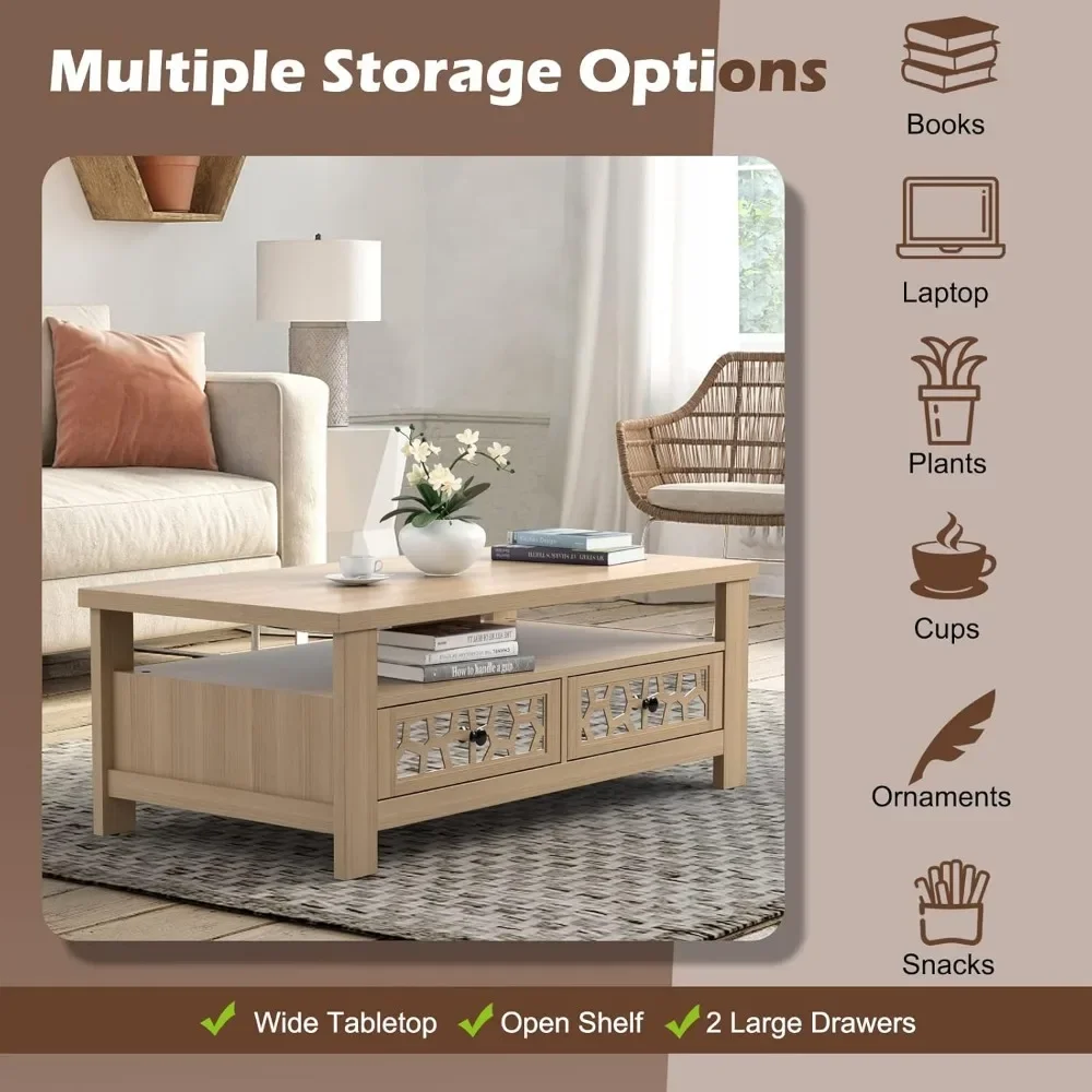 Mesa de centro de 2 niveles, mesa central rectangular de 46,5" con diseño de espejo acrílico, mesa de madera con tablero grande, estante abierto,