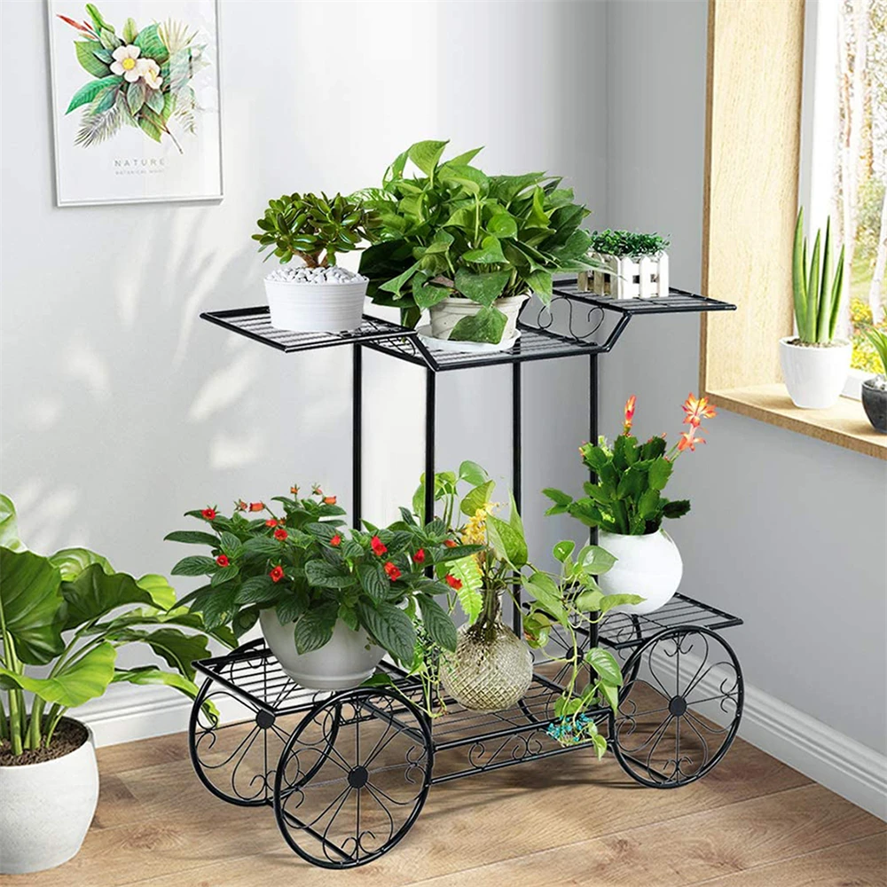 Grande supporto per piante in metallo Carrello da giardino per interni a 6 livelli Porta piante Piante in ferro battuto Espositore Scaffale Decorazione per esterni Giardino