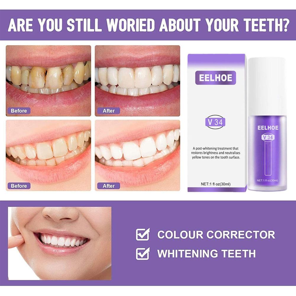 V34 SmileKit Фиолетовая зубная паста Очиститель зубов Удаление зубного камня Чистая гигиена полости рта Свежее дыхание Отбеливание Уход за зубами 30 мл