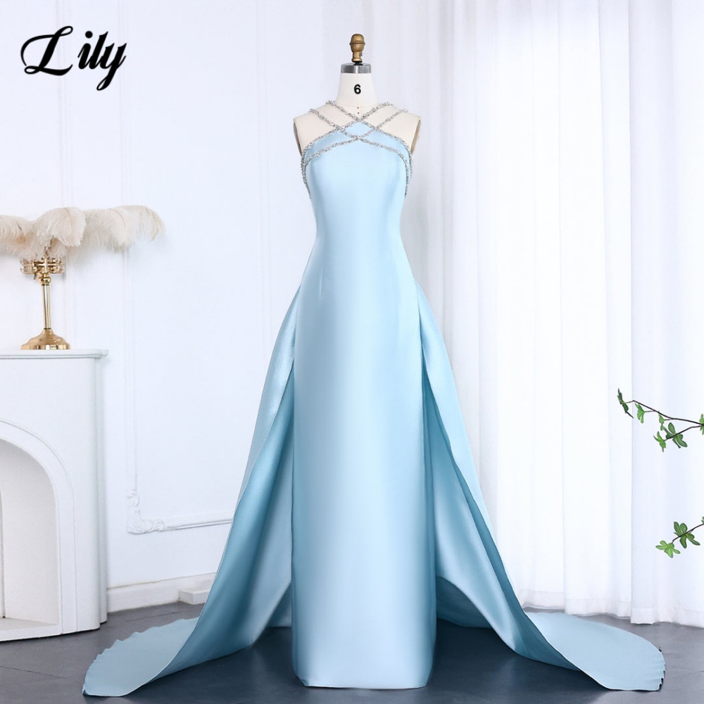 Lily Light Blue Prom Dress Shiny Beading Halter Party Dresses Stain  Sleeveless Celebrity Gowns with Detachable Tail Customized