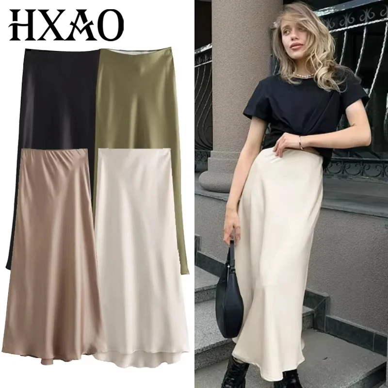 HXAO Gonne lunghe in raso da donna Nero Bianco Verde Gonna kaki Gonne da donna eleganti estive Gonne a vita alta lisce di lusso 066