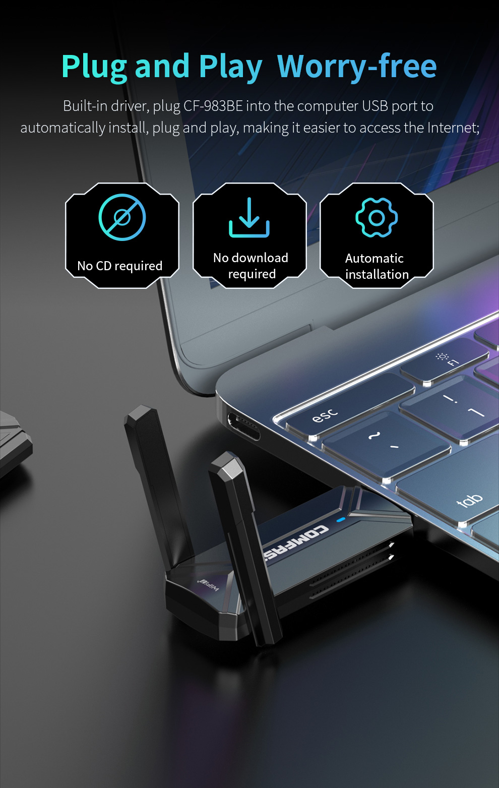 COMFAST USB-адаптер Wi-Fi 7, 6500 м, 6G, 5G и 2,4G, приемник Wi-Fi для ПК RTL8912AU, 2 антенны, адаптер Wi-Fi, драйвер бесплатно для Win10/11