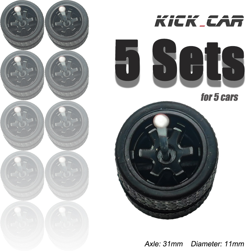 Rodas 1/64 com pneus fixos de borracha preta, seis raios para modelo de brinquedo, carros fundidos, peças de reequipamento para hotwheels (5 conjuntos para 5 carros)