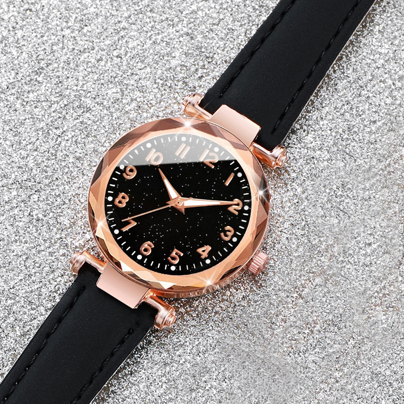 5 unids/set de relojes para mujer, conjunto de pulseras, reloj de cuarzo con banda de cuero y esfera de cielo estrellado a la moda
