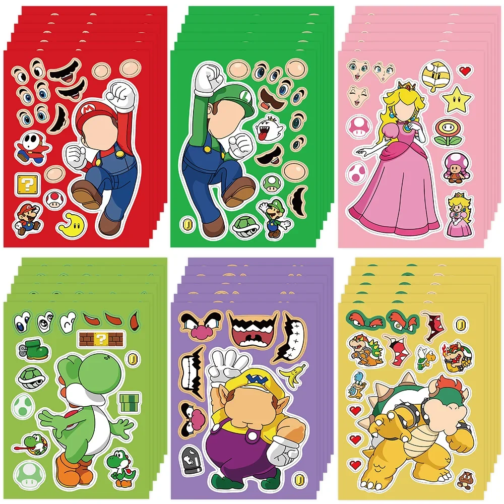 8/16Sheets Super Mario Bros Puzzle Sticker DIY Children Funny Games Make-a-Face Assemble Decal Jigsaw Sticker Kids Toys Gift