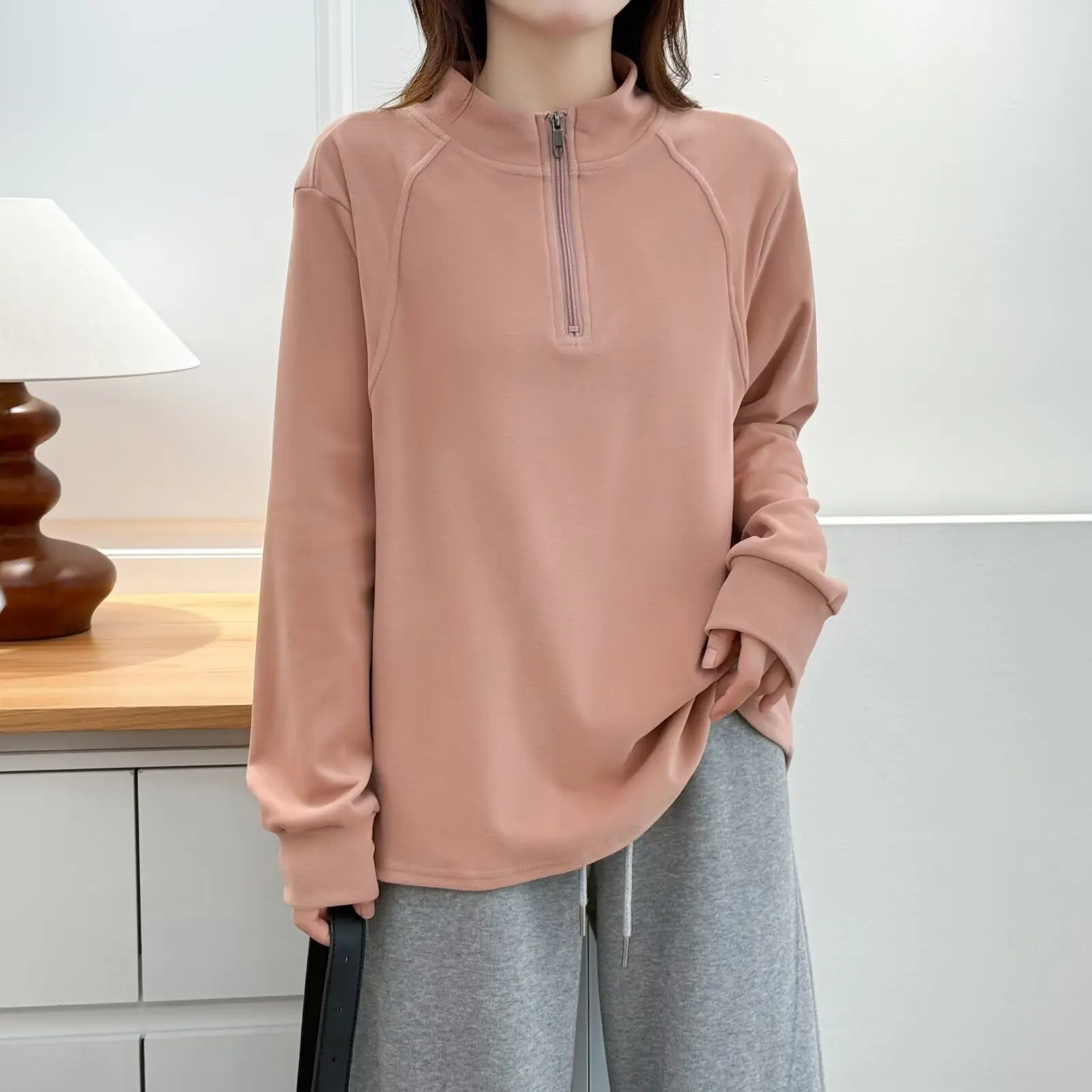 XXXXL Fashion Plus Size Wanita Hoodie Dalaman Atasan Gaya Baru Musim Gugur Musim Dingin Ritsleting Kerah Tegak Lengan Panjang Sweatshirt 2570