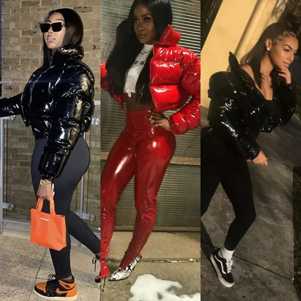 Phụ Nữ Cotton-Áo Đệm Áo Khoác Thời Trang Bóng Dài Tay Thu Đông Cổ Áo Đứng Ngắn Khóa Kéo Gợi Cảm Ấm Áp đường Phố