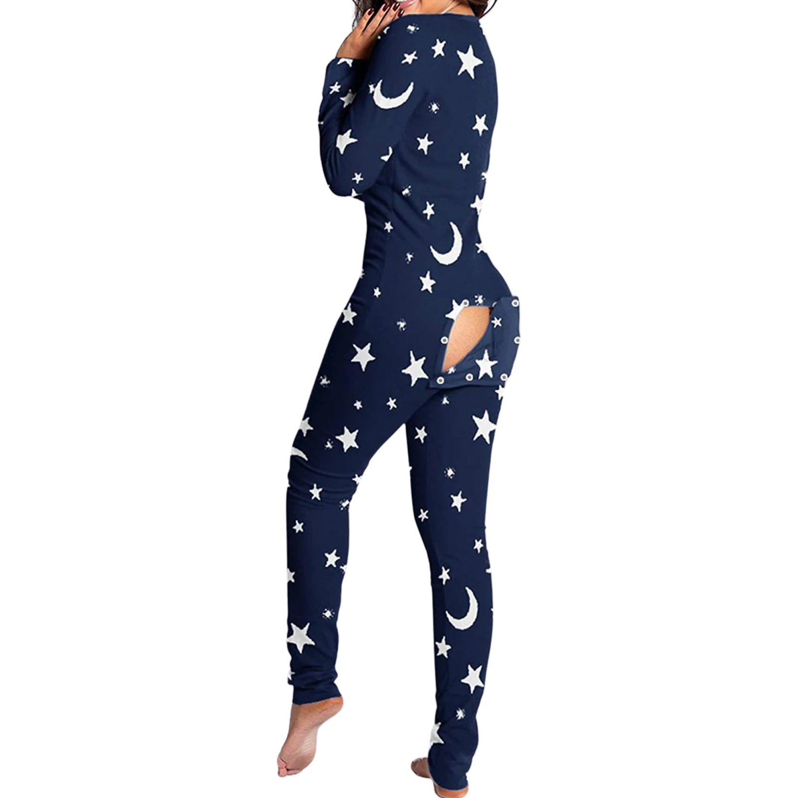 Combhasaki Damen-Pyjama mit langen Ärmeln, V-Ausschnitt, figurbetont, dehnbar, funktionell, geknöpfte Klappe, Nachtwäsche, Strampler, Overall