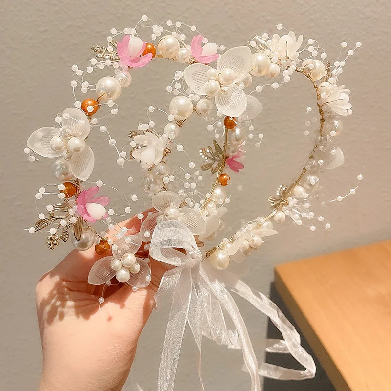 Grinalda das crianças princesa acessórios de cabelo fada menina flor pérola streamer chapelaria doce menina floco de neve net vermelho bandana