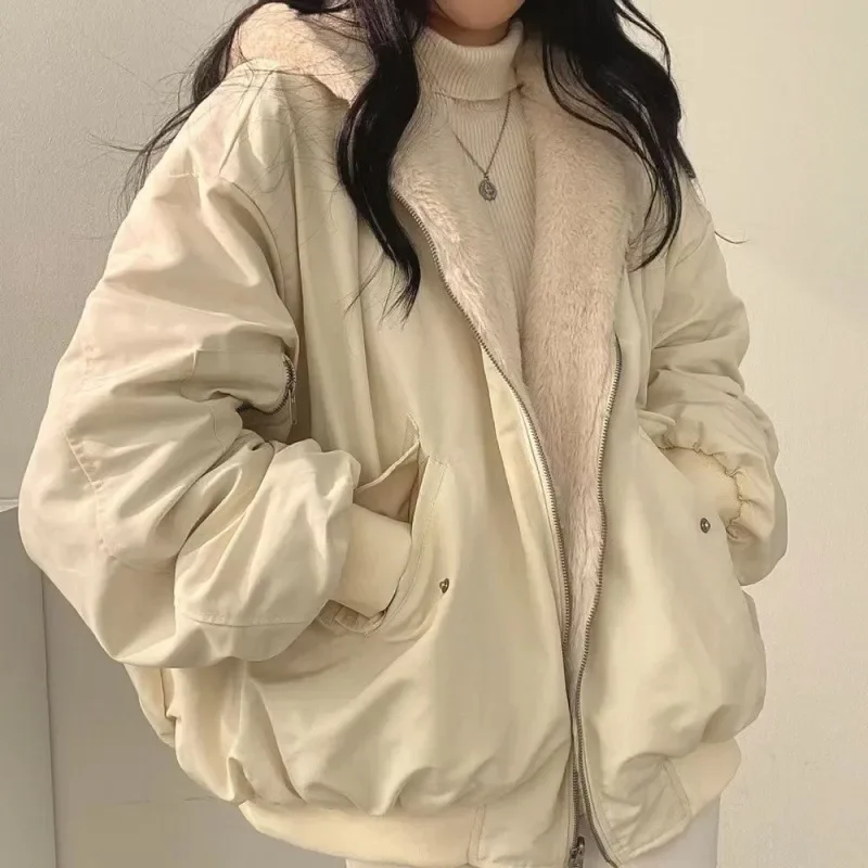 Jaqueta casual com capuz feminino, casaco de camada dupla, confortável, estilo coreano, simples, monocromática, quente, grosso, inverno, outono, 2022