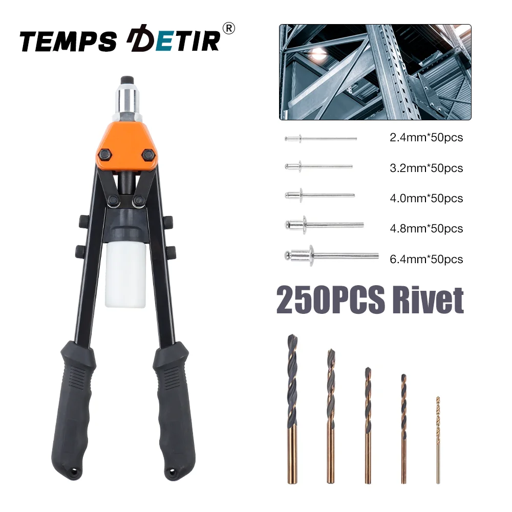 Conjunto de pistola de rebite profissional, incluindo 5 cabeças de rebite, 250 rebites e 5 brocas, adequado para rebites de 2,4 mm/3,2 mm/4,0 mm/4,8 mm/6,4 mm, ferramenta de rebite manual, pistola de rebite doméstica.