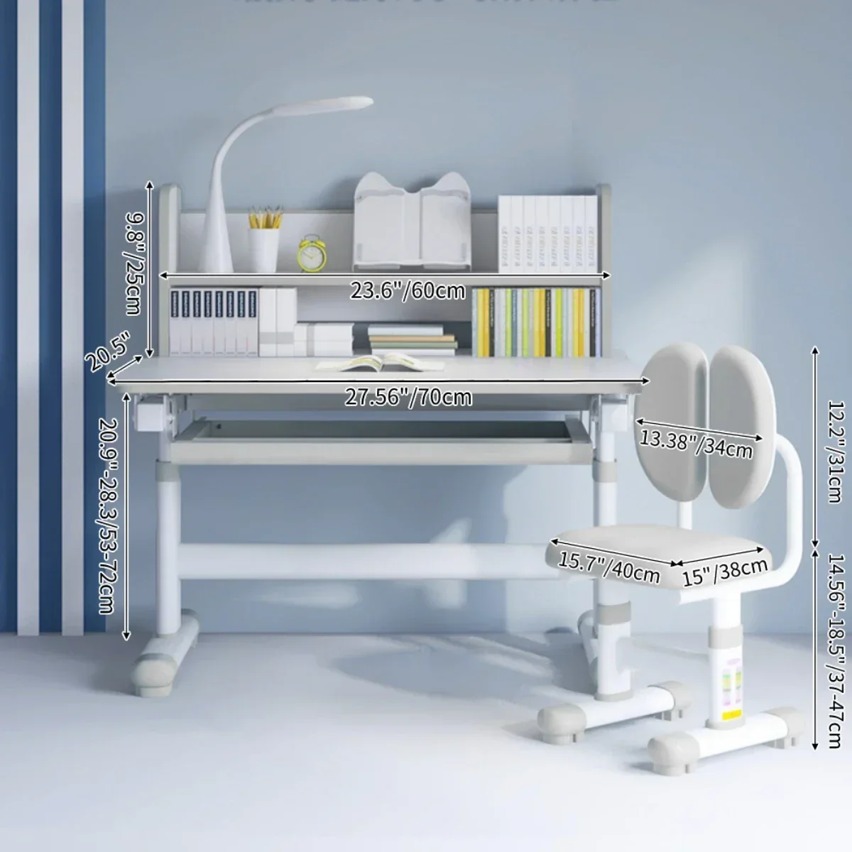 Kids Desk and Chair Set Height Adjustable, Children Study Table with Tilt Desktop, School Functional Writing Desk with Drawers