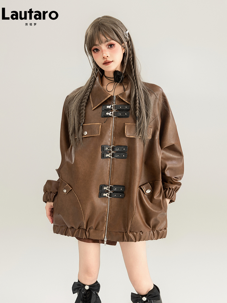 Lautaro แจ็กเก็ตหนัง PU สีน้ำตาลขนาดใหญ่สำหรับผู้หญิง, เสื้อผ้าสไตล์เมลลาร์สำหรับฤดูใบไม้ผลิ