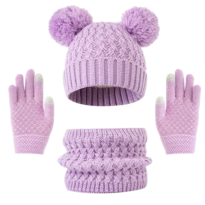 Conjunto de chapéu, cachecol e luva para crianças de 3 a 12 anos, chapéu de inverno engrossado para crianças com boné de malha com padrão colorido de floco de neve