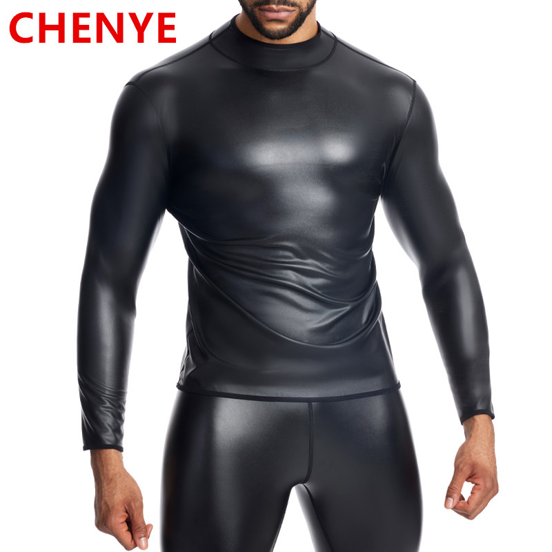 Neue Männer Stehen kragen Langarm Leder T-shirt Dünne Unterwäsche Body Shaper Taille Trainer Korsetts Bauch Shapewear Leder Shirts