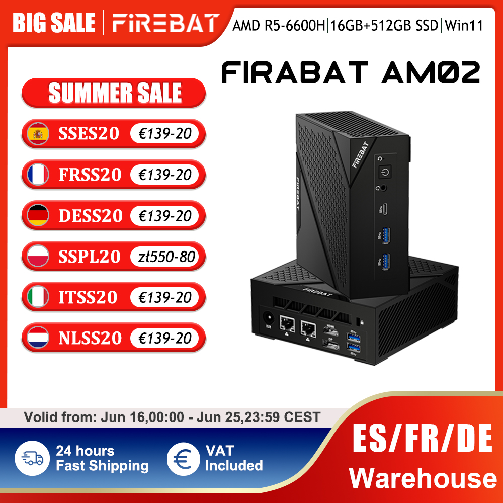 FIREBAT AM02 MINI-PC AMD Ryzen 5 6600H DDR5 16GB RAM 512GB 1TB SSD WIFI6 BT5.2 MINI-PC de escritorio portátil ordenador de juegos 4K @ 60hz