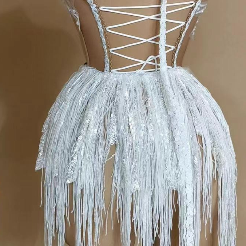 Glamoureuze Kwastje Mesh Verjaardagsfeestje Jurk Stage Performance Kostuum Dans Taille Splicing Hip Wrap Rok Outfit Vestidos De Gala