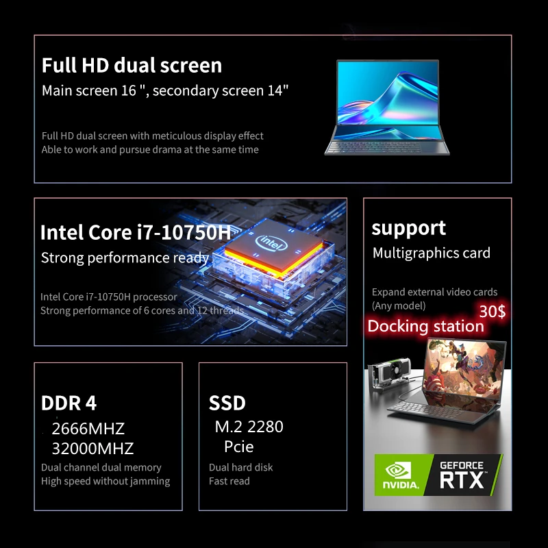 AKPAD Intel Core I7 9750H Dual Screen Laptop 16 Inch (14 Inch Touch Screen) Gaming Laptop Notebook Windows 10 11 Pro