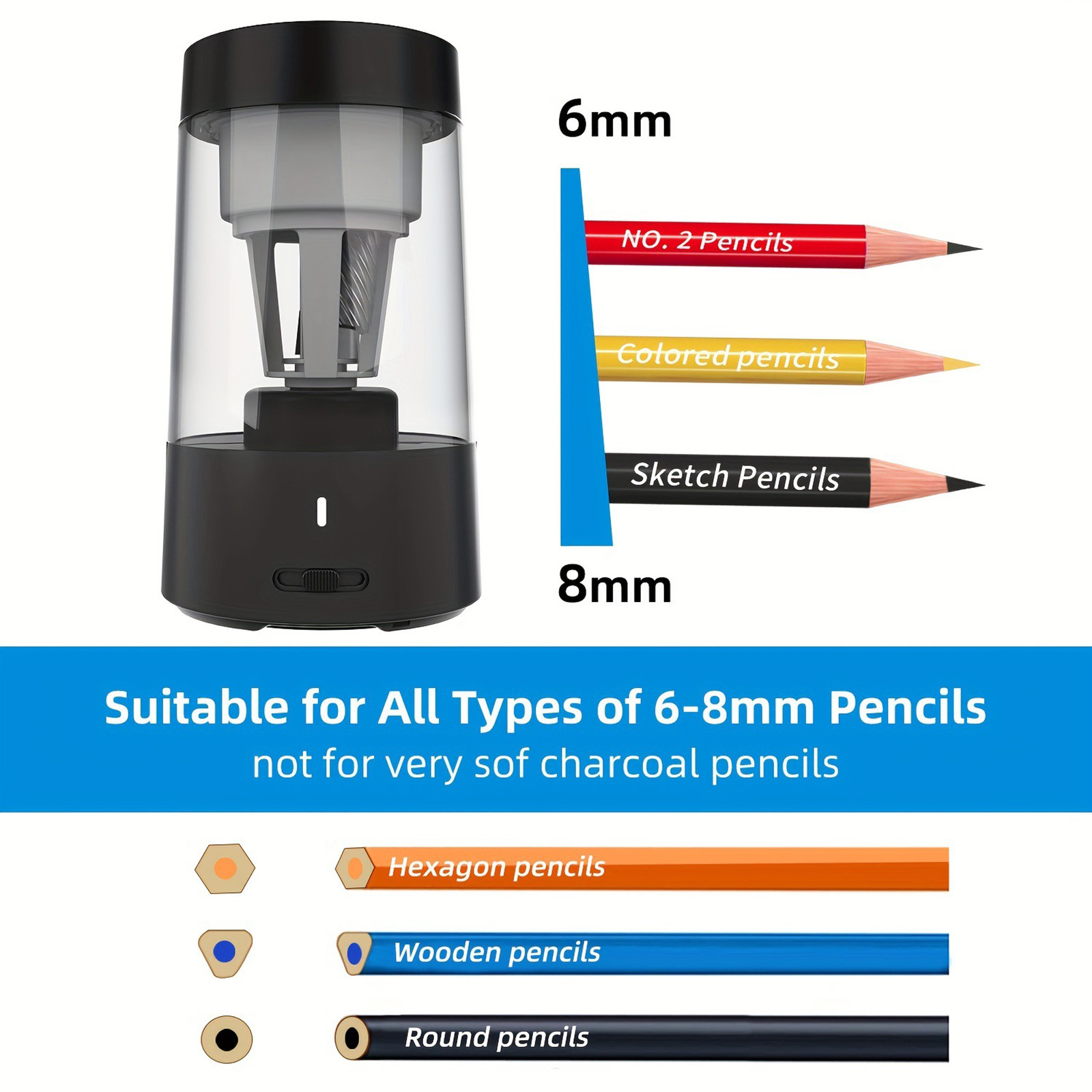 Electric Pencil Sharpener Electric Pencil Sharpener Fully Automatic Fast Sharpen Portable for 6mm-8mm Wood Pencils School Office