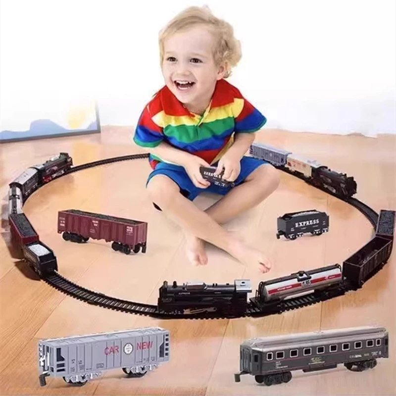 Brinquedo clássico de trem de carga ferroviária, conjunto elétrico de trilhos de trem de natal com faixas leves, modelo de brinquedos para crianças, presente para crianças
