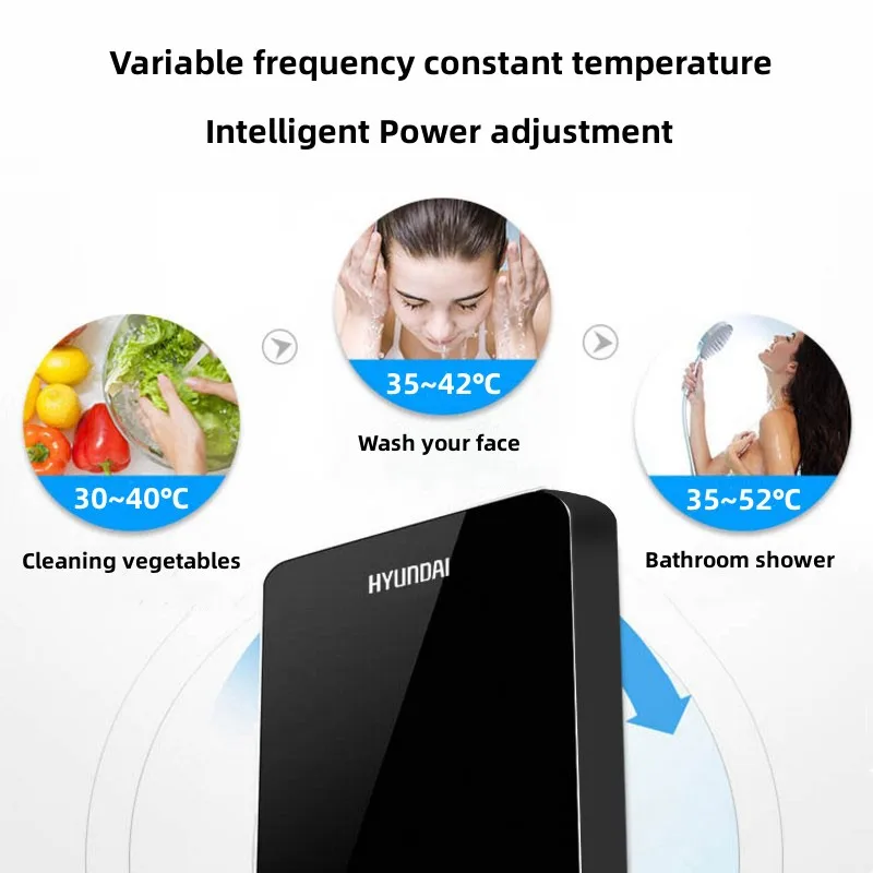 HYUNDAI Calentador de agua eléctrico pequeño Calentamiento rápido instantáneo Temperatura constante inteligente Ducha Baño Agua caliente ilimitada Pantalla de visualización inglesa Visualización en tiempo real