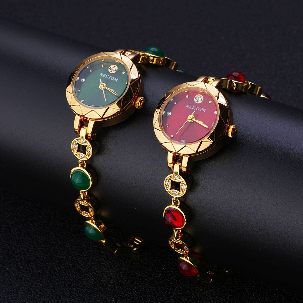 Nova chegada de luxo rosa banhado a ouro relógio quartzo elegante à prova dwaterproof água colorido zircão pedra preciosa design relógios para mulher