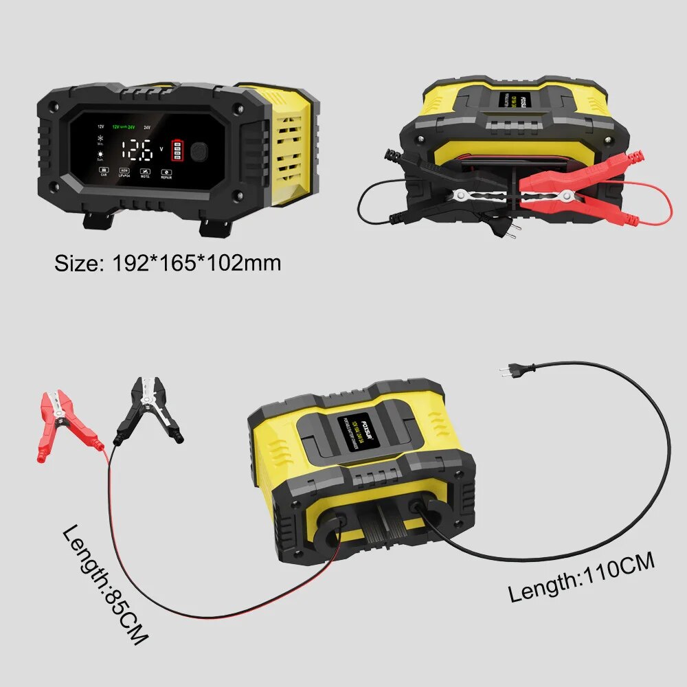 FOXSUR 20A/10A 車オートバイバッテリー充電器 12V/24V スマート充電器リチウム AGM ゲル鉛酸 LiFePO4 バッテリー充電器