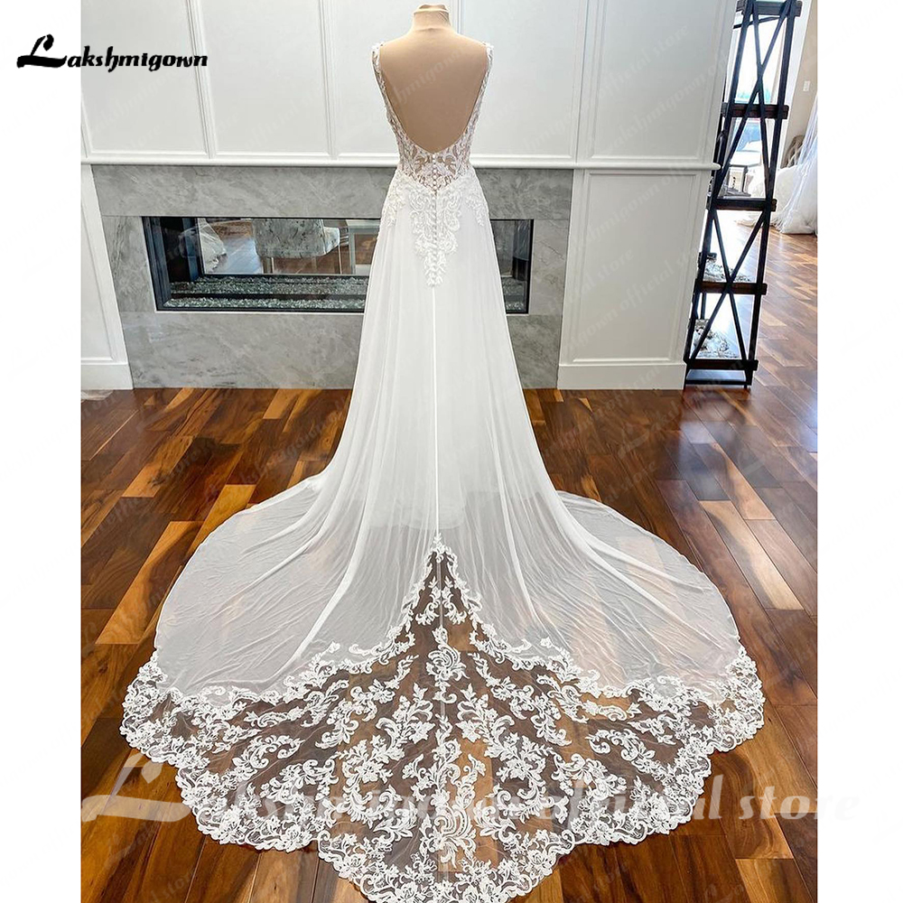 럭셔리 시민 쉬폰 웨딩 드레스 맞춤형 오픈 백 신부 Boho 긴 웨딩 드레스 레이스 아플리케 V 넥 Vestido Boda