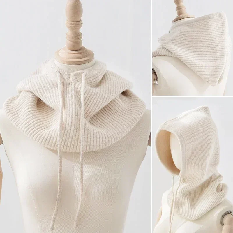 Gorro de punto Unisex para hombre y mujer, gorro con cuello y capucha de Cachemira sintética, gorro grueso con cordón para la cabeza, gorro elástico ajustable, 2024