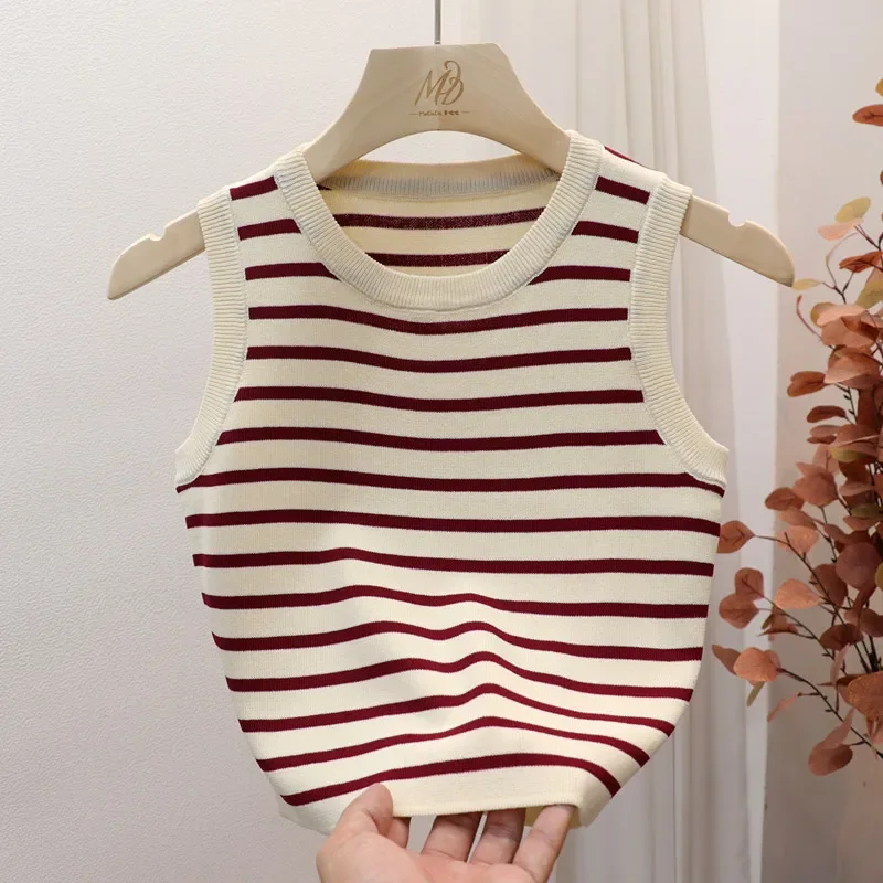 ฤดูร้อนฤดูใบไม้ผลิลายเสื้อผู้หญิงแขนกุดถักเสื้อยืด Crop Tops หญิง Elastic Slim Casual เสื้อ Camis