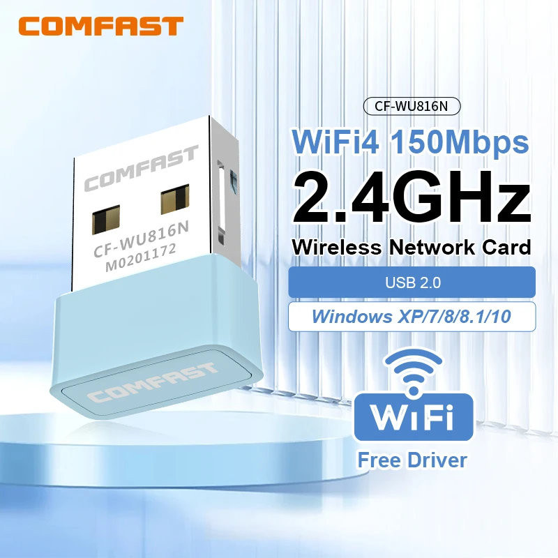 Comfast 150 Мбит/с USB Wi-Fi-адаптер 2,4 ГГц Интернет-карта Диск бесплатно LAN Wi-Fi Приемник Ключ-антенна Para PC Win 7 8 10 11