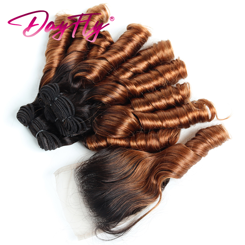 Tissage en Lot Brésilien Naturel avec Closure, Extensions de Cheveux Humains, avec Dentelle Suisse, Ombré, 4 Lots