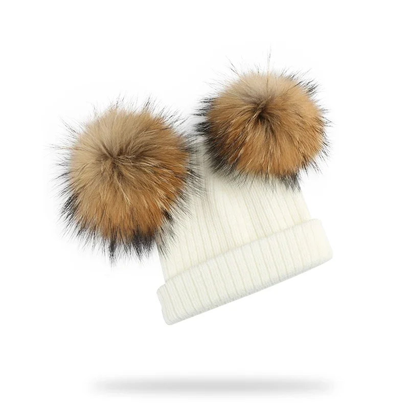 Chapéu e lenço de pompom duplo infantil para crianças, pele de guaxinim natural, boné de bebê, pompom genuíno, acessórios infantis, inverno