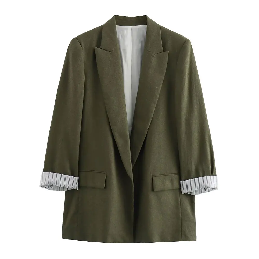 ASDS 女性ファッションソリッドリネンブレザーノッチ襟ロングロールアップ袖女性シックなオフィスレディビジネス衣装