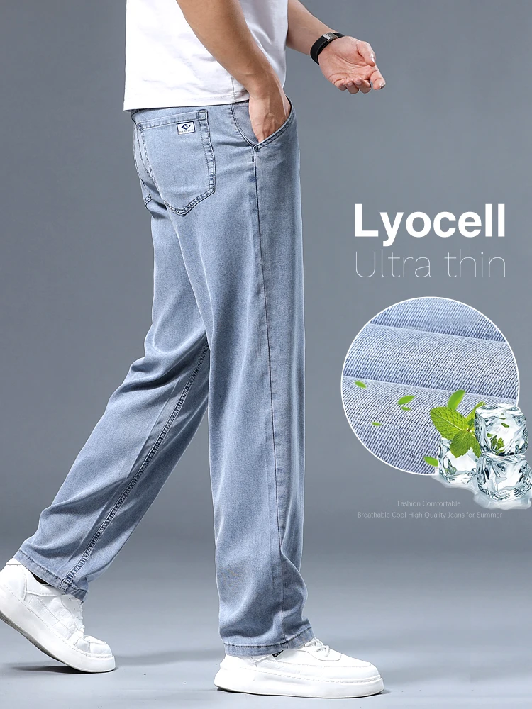 Summer Ultra-thin Men's Jeans Lyocell Soft Breathable Loose Straight Light Blue Denim Pants Business Casual Ice Silk Trousers