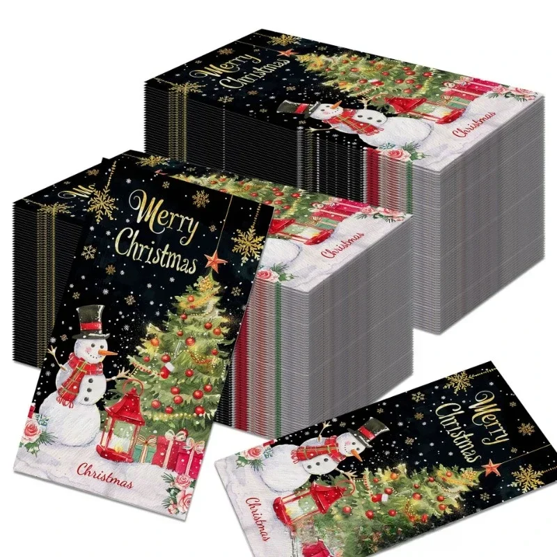 크리스마스 눈사람 긴 종이 냅킨, 대형 파티 테이블 종이, 블랙 골드, 크리스마스 트리, 플레이스매트, 2 겹, 34.2*40.6cm, 20 개