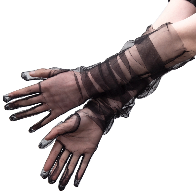 Guantes largos de tul transparente, manoplas elásticas ultrafinas con dedos completos, codo de malla, guantes de novia para boda, protector solar transparente, guante Vintage